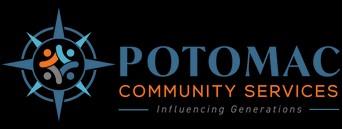 Potomac Community Services logo with a compass, three abstract figures, and the tagline “Influencing Generations” on a black background.