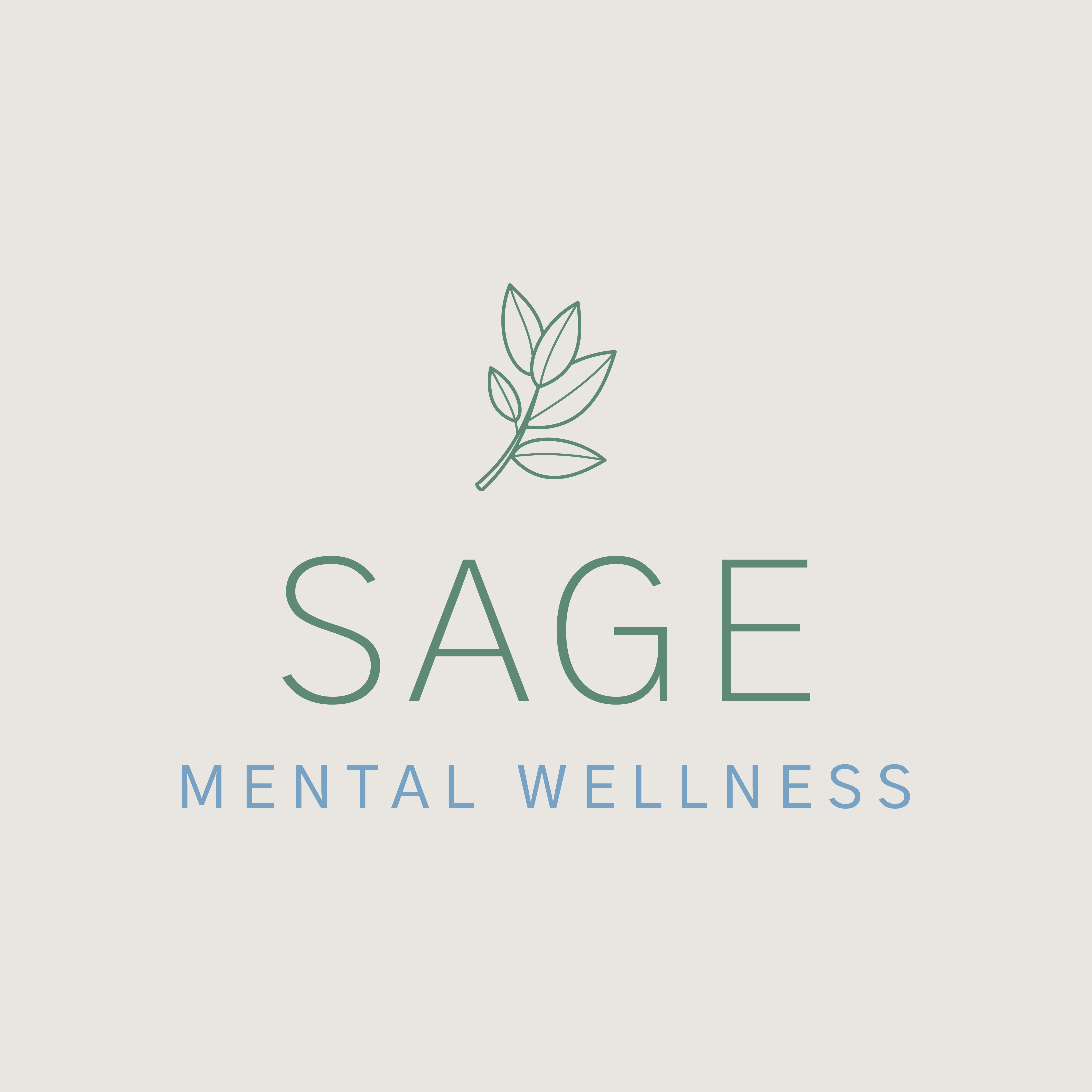 Logo with a simple green leaf above the words “SAGE” in large letters and “MENTAL WELLNESS” in smaller blue letters on a light background.